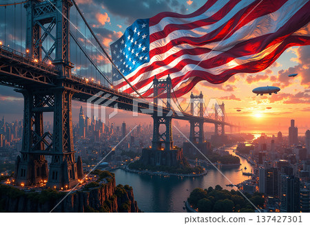American flag above bridge with city view at sunset 137427301