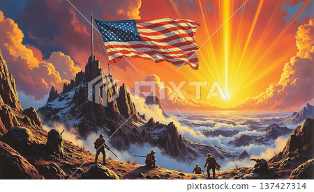 American flag and soldiers on mountain at sunrise 137427314