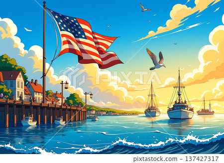 American flag at sunny harbor pier with fishing American flag at sunny harbor pier with fishing 137427317