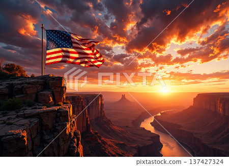 American flag atop a canyon overlooking a river at sunset American flag atop a canyon overlooking a river at sunset 137427324
