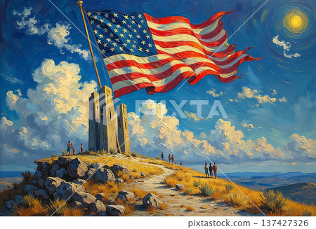 American flag atop a hill with people observing 137427326