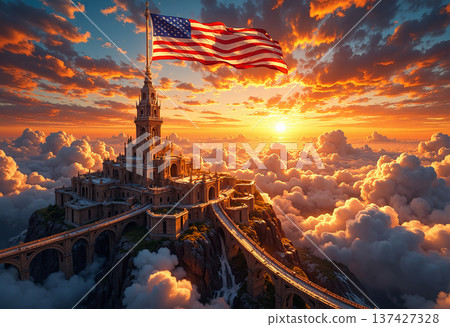 American flag atop fantasy castle in clouds American flag atop fantasy castle in clouds 137427328