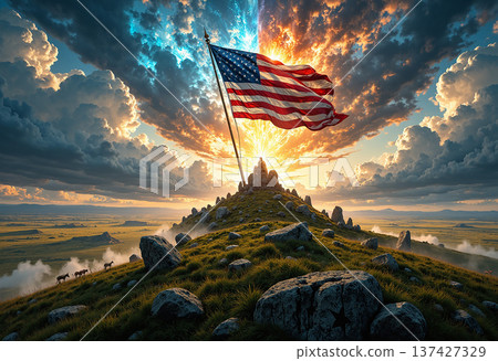 American flag atop hill with light rays and clouds American flag atop hill with light rays and clouds 137427329