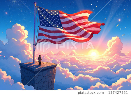 American flag atop pillar overlooking cloudscape 137427331