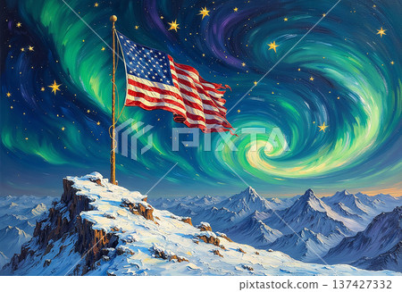 American flag atop snowy peak under a swirling sky 137427332