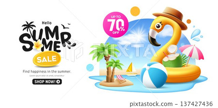 Summer sale, Yellow flamingo inflatable, beach umbrella, coconut tree, pile of sand, beach ball 137427436