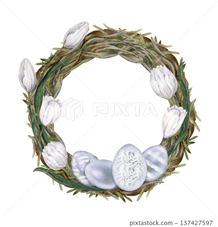 Watercolor wreath, decorated eggs, white flowers isolated on white background. Soft natural spring composition symbolizing renewal, Easter celebration for invitations, greeting cards, seasonal design 137427597