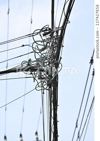 Internet, fiber optic (optical fiber) telephone installation, utility pole and telegraph pole installation 137427658