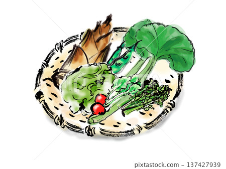 Spring vegetables basket set brush-drawn Japanese style illustration material 137427939