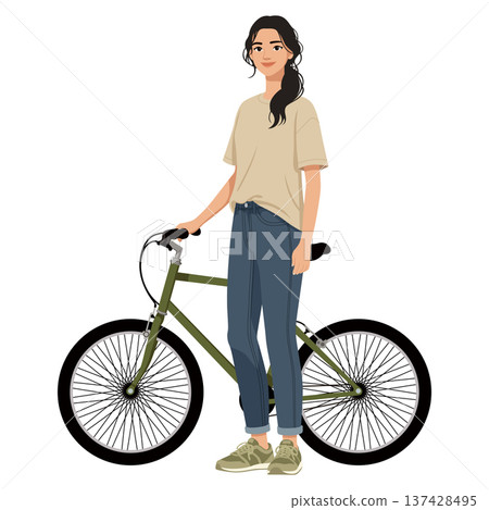 Woman stand near green city bicycle Woman stand near green city bicycle 137428495