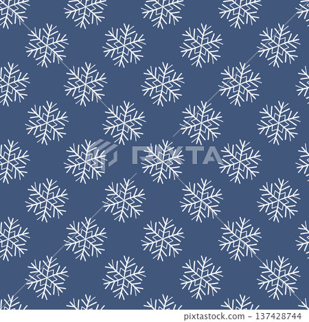 Winter seamless pattern with white snowflakes on blue background. Vector illustration for fabric, textile wallpaper, posters, gift wrapping paper. Christmas vector illustration Winter seamless pattern with white snowflakes on blue background. Vector illustration for fabric, textile wallpaper, posters, gift wrapping paper. Christmas vector illustration 137428744