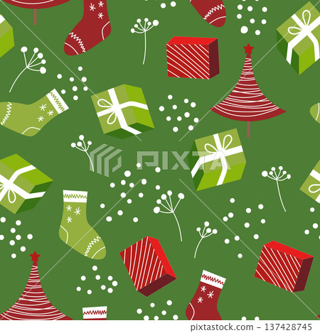 Seamless Christmas cozy winter New Year pattern with cute gifts, Christmas tree, plants and socks on color background. Vector illustration. Design for print, invitation, poster, card, fabric, textile Seamless Christmas cozy winter New Year pattern with cute gifts, Christmas tree, plants and socks on color background. Vector illustration. Design for print, invitation, poster, card, fabric, textile 137428745