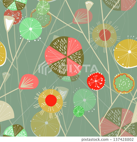 Seamless floral pattern based on traditional folk art ornaments. Colorful flowers on color background. Scandinavian style. Sweden nordic style. Vector illustration. Simple minimalistic pattern 137428802