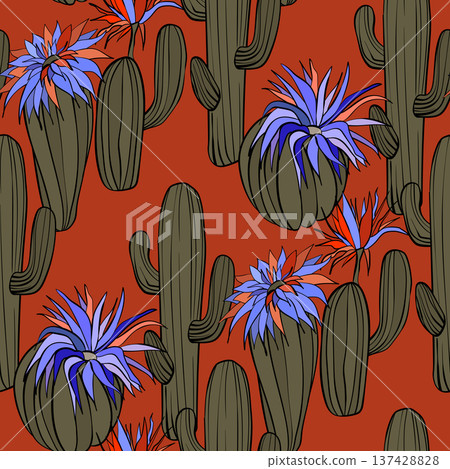 Seamless pattern with cacti, blooming succulent on color background. Vector hand drawn illustration for packaging, fabric, textile. Wild west cactus, western concept Seamless pattern with cacti, blooming succulent on color background. Vector hand drawn illustration for packaging, fabric, textile. Wild west cactus, western concept 137428828