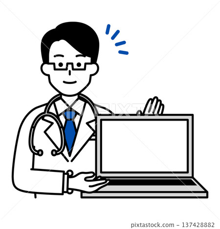Male doctor showing laptop screen Male doctor showing laptop screen 137428882