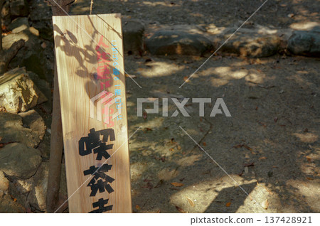 A wooden sign and path illuminated by sunlight filtering through the trees 137428921