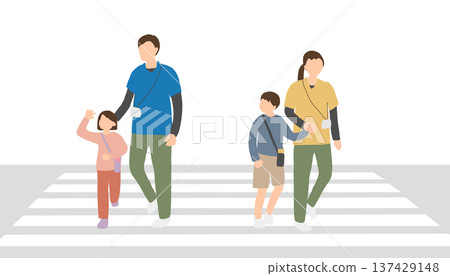 Outdoor activities at a developmental support facility (children and support staff crossing a crosswalk) 137429148