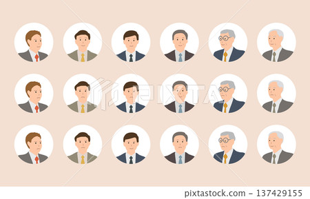 商務男士臉部表情圖示集，展現不同年齡層男士西裝穿著的差異 137429155