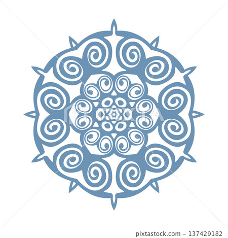 Blue template snowflake with shadow. Isolated snowflakes icon, round mandala. Winter Holiday cartoon flat illustration. Merry Christmas and New year Vector. Hand draw style 137429182