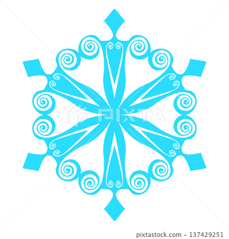 Blue template snowflake. Isolated snowflakes icon, round mandala. Winter Holiday cartoon flat illustration. Merry Christmas and New year Vector. Hand draw style 137429251