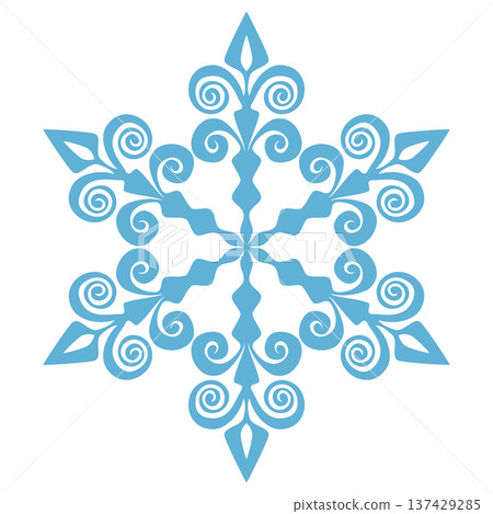 Blue template snowflake with shadow. Isolated snowflakes icon, round mandala. Winter Holiday cartoon flat illustration. Merry Christmas and New year Vector. Hand draw style 137429285