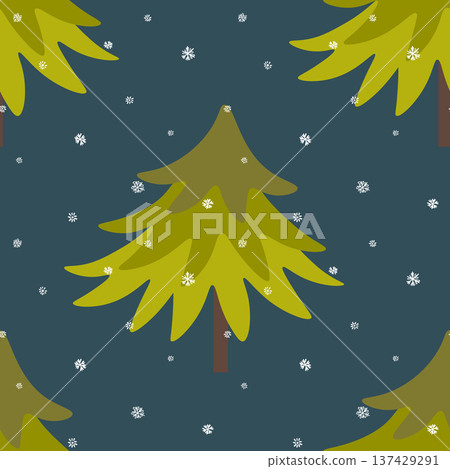 Winter seamless pattern with Christmas tree and snowflakes on color background. Vector illustration for fabric, textile wallpaper, posters, gift wrapping paper. Merry Christmas and New year Vector Winter seamless pattern with Christmas tree and snowflakes on color background. Vector illustration for fabric, textile wallpaper, posters, gift wrapping paper. Merry Christmas and New year Vector 137429291