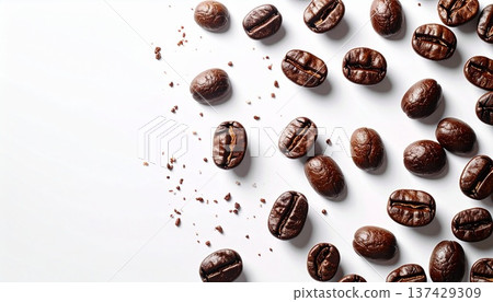 Minimalistic overhead shot of roasted coffee beans scattered on a white background: background material with bright natural light and copy space Minimalistic overhead shot of roasted coffee beans scattered on a white background: background material with bright natural light and copy space 137429309