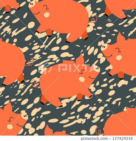 Vector flat animals colorful illustration for kids. Seamless pattern with cute pig on color floral background. Adorable cartoon character. Design for textures, card, poster, fabric, textile Vector flat animals colorful illustration for kids. Seamless pattern with cute pig on color floral background. Adorable cartoon character. Design for textures, card, poster, fabric, textile 137429338