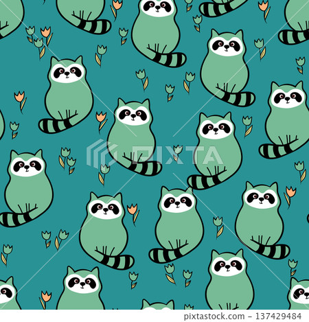 Vector seamless repeating childish pattern with cute raccoon in doodle style. Animals background for invitation, poster, card, flyer, textile, fabric 137429484