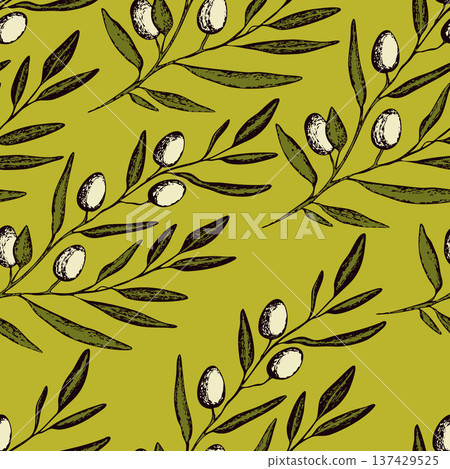 Seamless pattern with olive branch. Ink hand drawn olives background. Botanic plant vector illustration for print, fabric, textile. A sprig of an olive tree with leaves. Food concept Seamless pattern with olive branch. Ink hand drawn olives background. Botanic plant vector illustration for print, fabric, textile. A sprig of an olive tree with leaves. Food concept 137429525
