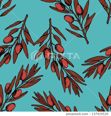 Seamless pattern with olive branch. Ink hand drawn olives background. Botanic plant vector illustration for print, fabric, textile. A sprig of an olive tree with leaves. Food concept Seamless pattern with olive branch. Ink hand drawn olives background. Botanic plant vector illustration for print, fabric, textile. A sprig of an olive tree with leaves. Food concept 137429526