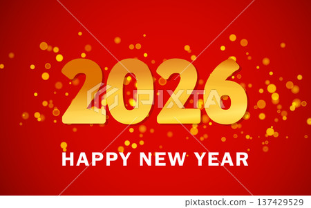 Merry Christmas or happy new year design. 2026 holiday decoration on color background. Greeting vector card, banner, celebration concept with metallic text. Invitation mock up 137429529