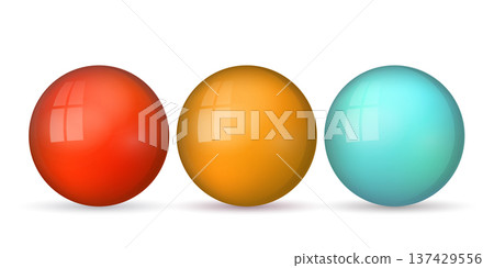 Set with glass colorful balls. Glossy realistic ball, 3D abstract vector illustration highlighted on a white background. Big metal bubble with shadow Set with glass colorful balls. Glossy realistic ball, 3D abstract vector illustration highlighted on a white background. Big metal bubble with shadow 137429556