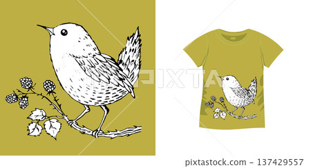 T-shirt with bird pattern. Women jersey, sport uniform kit, short fashion top, round neck blouse. Sketch Illustration. Template mock up T-shirt with bird pattern. Women jersey, sport uniform kit, short fashion top, round neck blouse. Sketch Illustration. Template mock up 137429557