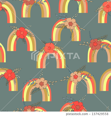Trendy seamless pattern with colorful rainbow on color background. Design for invitation, poster, card, fabric, textile, fabric. Cute holiday illustration for baby. Scandinavian doodle style Trendy seamless pattern with colorful rainbow on color background. Design for invitation, poster, card, fabric, textile, fabric. Cute holiday illustration for baby. Scandinavian doodle style 137429558