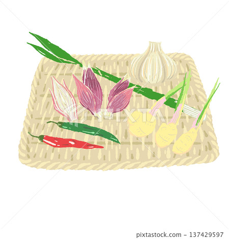 Garlic, chili pepper, myoga ginger and a square bamboo colander set Garlic, chili pepper, myoga ginger and a square bamboo colander set 137429597