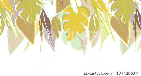Floral frame with colorful exotic branches on white background. Ornate border with tropic leaves. Vector stock illustration for wallpaper, posters, card. Doodle style. Copy space Floral frame with colorful exotic branches on white background. Ornate border with tropic leaves. Vector stock illustration for wallpaper, posters, card. Doodle style. Copy space 137429637
