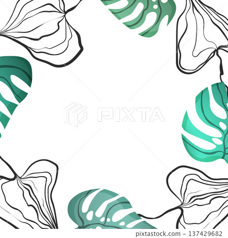 Circle floral frame with colorful monstera leaves on white background. Ornate border with tropic branches. Vector hand drawn illustration for wallpaper, posters, card. Doodle style. Copy space Circle floral frame with colorful monstera leaves on white background. Ornate border with tropic branches. Vector hand drawn illustration for wallpaper, posters, card. Doodle style. Copy space 137429682