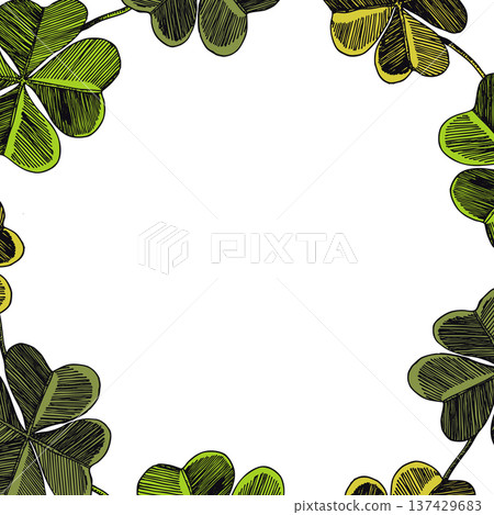 Circle floral frame with colorful Clover leaves on white background. Ornate border St Patrick's day. Vector hand drawn illustration for wallpaper, posters, card. Doodle style. Copy space Circle floral frame with colorful Clover leaves on white background. Ornate border St Patrick's day. Vector hand drawn illustration for wallpaper, posters, card. Doodle style. Copy space 137429683