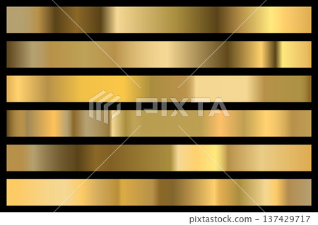 Gold metalic gradient collection with shiny rainbow hologram. Holographic foil texture, golden, copper gradation. Vector set for frame, ribbon, border, other design Gold metalic gradient collection with shiny rainbow hologram. Holographic foil texture, golden, copper gradation. Vector set for frame, ribbon, border, other design 137429717