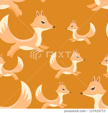 Seamless pattern with cute fox baby on color background. Funny forest animals. Card, postcards for kids. Flat vector illustration for fabric, textile, wallpaper, poster, paper 137429753