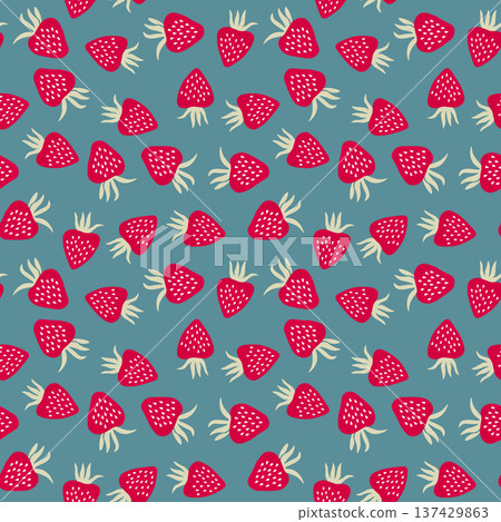 Seamless pattern with strawberry on color background. Natural delicious fresh ripe tasty fruit. Vector illustration for print, fabric, textile, banner, other design. Food concept 137429863