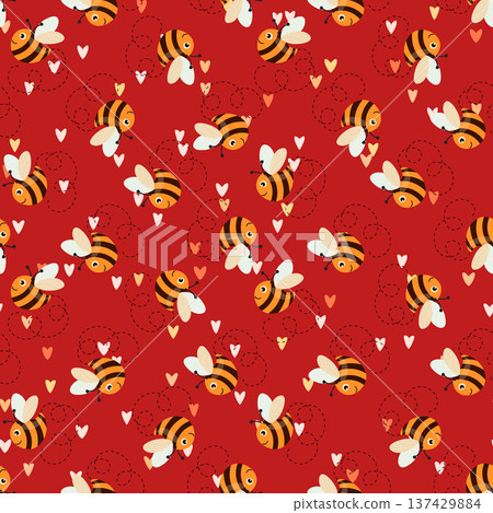 Seamless pattern with bees. Small wasp. Vector illustration. Design for invitation, cards, textile, fabric. Doodle style 137429884