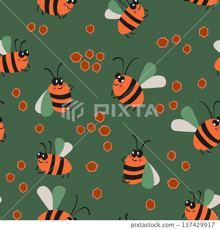 Seamless pattern with bees. Small wasp. Vector illustration. Design for invitation, cards, textile, fabric. Doodle style Seamless pattern with bees. Small wasp. Vector illustration. Design for invitation, cards, textile, fabric. Doodle style 137429917