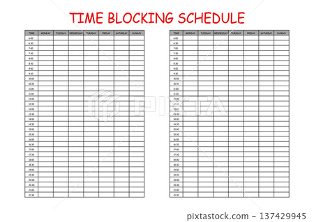 24 Hourly Weekly Schedule - Monday Start. Mockup for daily scheduling and time management. 30-minute increment hourly planner templates. Time Planner 137429945