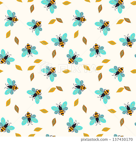 Seamless pattern with bees. Small wasp. Vector illustration. Design for invitation, cards, textile, fabric. Doodle style Seamless pattern with bees. Small wasp. Vector illustration. Design for invitation, cards, textile, fabric. Doodle style 137430170