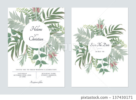 Foliage wedding invitation card template design, various green leaves on white 137430171