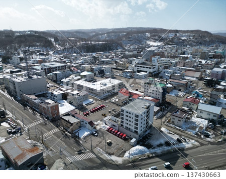 Aerial view of the cityscape near the roadside station "Ryuhyo Kaido Abashiri" in Abashiri City 137430663