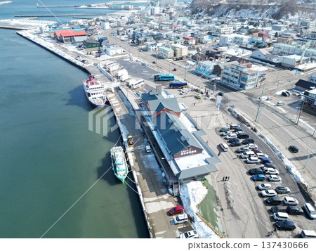 Aerial view of the port scenery at the roadside station "Ryuhyo Kaido Abashiri" in Abashiri City Aerial view of the port scenery at the roadside station "Ryuhyo Kaido Abashiri" in Abashiri City 137430666