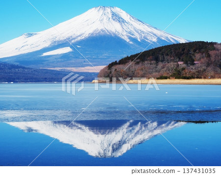 Yamanashi Prefecture, upside-down Fuji on frozen Lake Yamanaka, February 137431035
